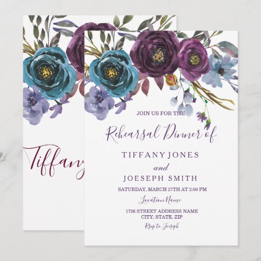 Invitation Aquarelle Florale violet Dîner de répétition éléga (Devant / Derrière)