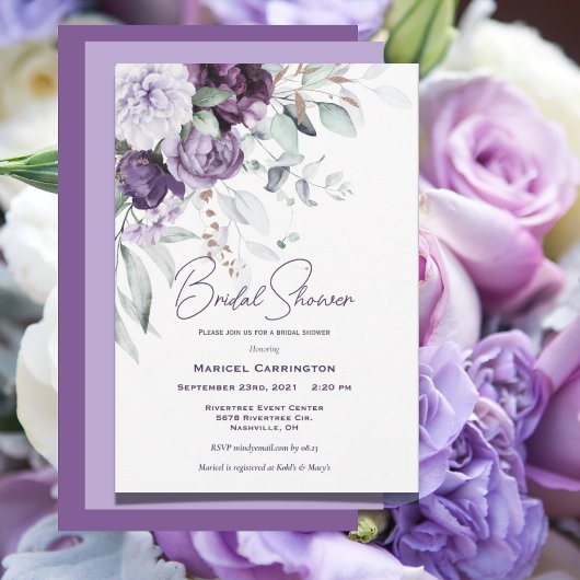 Invitation Aquarelle florale violet Fête des mariées moderne
