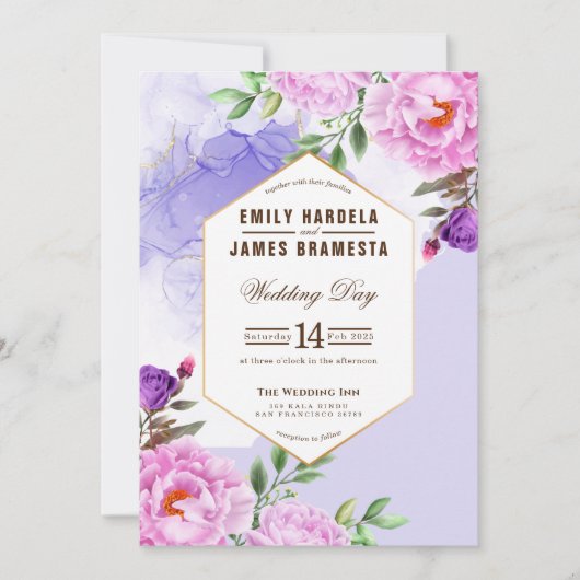 Invitation Aquarelle Florale violet Mariage Budget encadré (Devant)