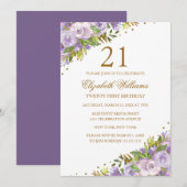Invitation Aquarelle Florale violet Or 21e anniversaire (Devant / Derrière)