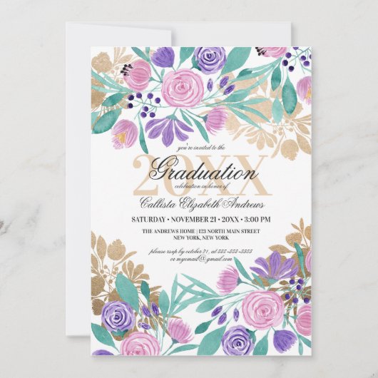 Invitation Aquarelle Florale Violet Rose Or (Devant)