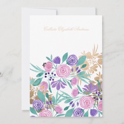 Invitation Aquarelle Florale Violet Rose Or (Dos)