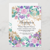 Invitation Aquarelle Florale Violet Rose Or (Devant / Derrière)
