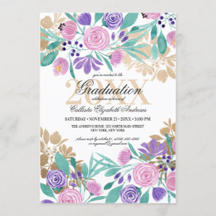 Invitation Aquarelle Florale Violet Rose Or