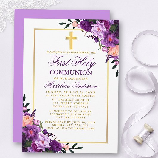 Invitation Aquarelle Florale Violet Violet première communion