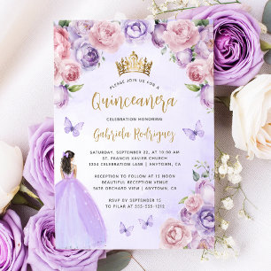 Invitation Aquarelle Florale violette or Quinceañera
