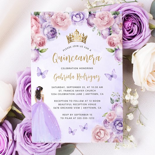 Invitation Aquarelle Florale violette or Quinceañera