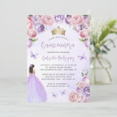 Invitation Aquarelle Florale violette Quinceañera (Debout devant)