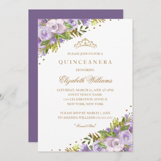 Invitation Aquarelle florale violette Quinceanera or (Devant / Derrière)