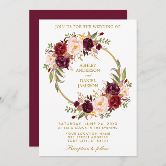 Invitation Aquarelle Florale Wreath Bourgogne Gold Mariage B (Devant / Derrière)