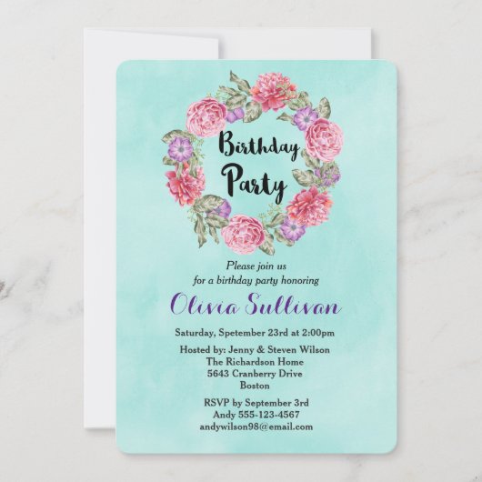 Invitation Aquarelle Florale Wreath Fancy Anniversaire Invita (Devant)