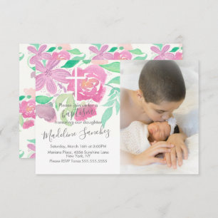 Invitation Aquarelle Florales Baptême rose