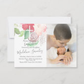 Invitation Aquarelle Florales Baptême rose Bébé Dédication (Devant)