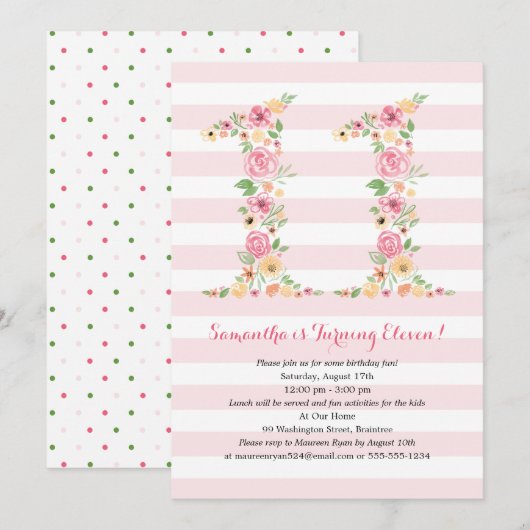 Invitation Aquarelle Florales ELEVEN 11e anniversaire (Devant / Derrière)