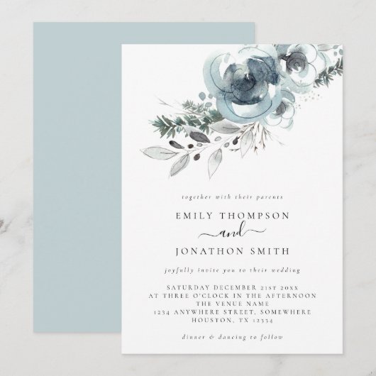 Invitation Aquarelle Florales hiver Mariage de Noël (Devant / Derrière)