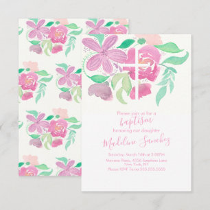 Invitation Aquarelle Florales Rose Baptême Peint à la Main