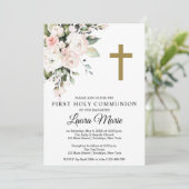 Invitation Aquarelle Florales roses Première communion sainte (Debout devant)