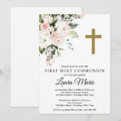 Invitation Aquarelle Florales roses Première communion sainte (Devant / Derrière)