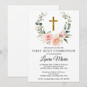 Invitation Aquarelle Florales roses Première communion sainte (Devant / Derrière)