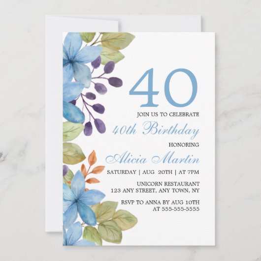 Invitation Aquarelle Flore Bleue N'importe quel âge Invitatio (Devant)