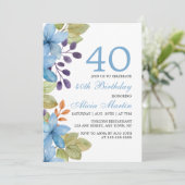 Invitation Aquarelle Flore Bleue N'importe quel âge Invitatio (Debout devant)