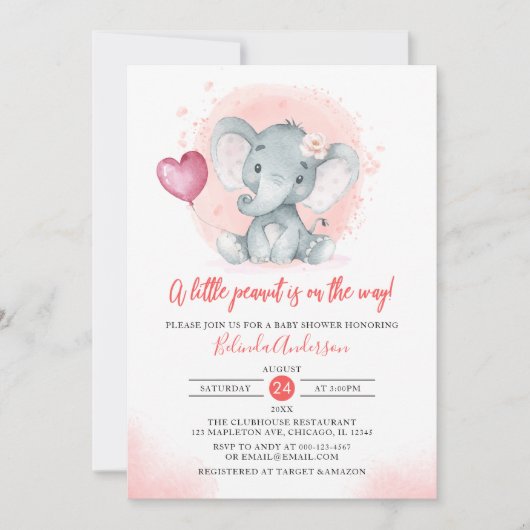 Invitation Aquarelle floue Baby shower Eléphant fille mignonn (Devant)