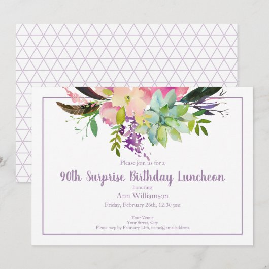 Invitation Aquarelle Flower Motif 90e Anniversaire surprise (Devant / Derrière)