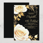 Invitation Aquarelle Flower or élégant 40e anniversaire (Devant / Derrière)