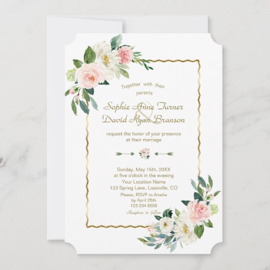 Invitation Aquarelle Flush Flowers Mariage Gold Navy (Devant)