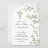 Invitation Aquarelle Foliage Arc Première communion (Devant)