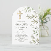 Invitation Aquarelle Foliage Arc Première communion (Debout devant)