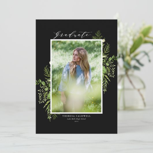 Invitation Aquarelle Foliage sauvage Black Photo Graduation (Debout devant)