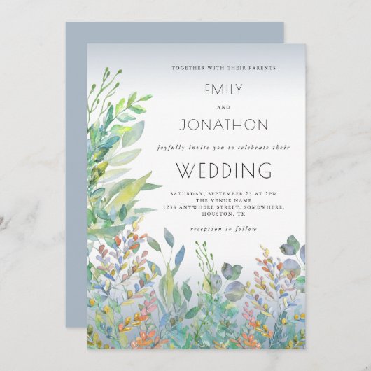 Invitation Aquarelle Folio Verre de mer Mariage bleu foncé (Devant / Derrière)