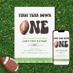 Invitation Aquarelle Football première année bas 1er annivers<br><div class="desc">Cette amusante invitation à la fête du premier anniversaire comporte un thème de football première année en bas. Le texte de titre est une police rétro super les années 70 avec un football aquarelle. La bordure inférieure est une ligne de cour de football aquarelle.</div>