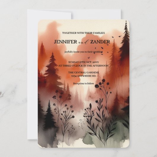 Invitation Aquarelle Forêt Abstraite brûlée Mariage orange (Devant)