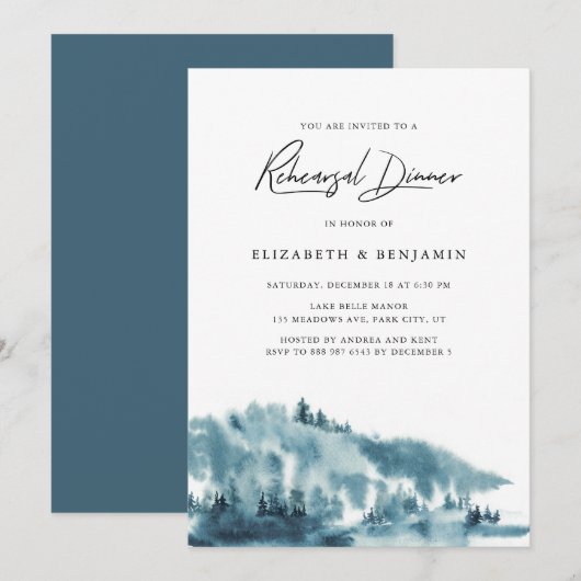 Invitation Aquarelle Forêt Bleue Dîner de répétition hivernal (Devant / Derrière)
