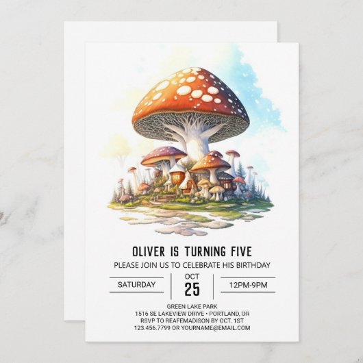 Invitation Aquarelle Forêt Champignons Anniversaire (Devant / Derrière)