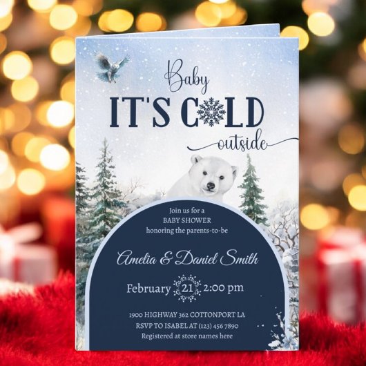 Invitation Aquarelle Forêt d'hiver Baby shower Ours et Chouet