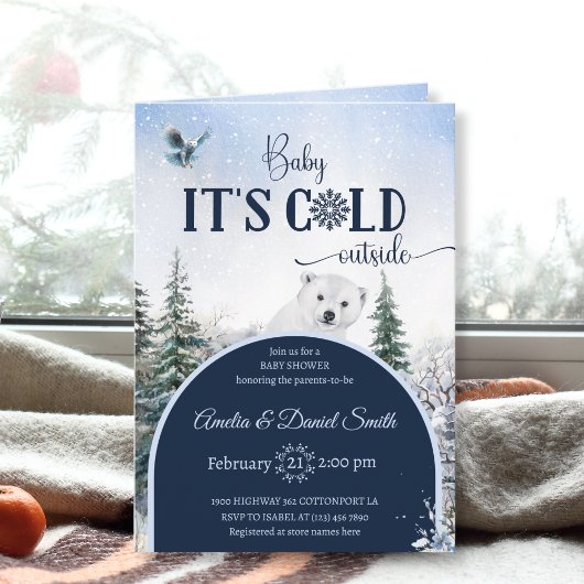 Invitation Aquarelle Forêt d'hiver Baby shower Ours et Chouet