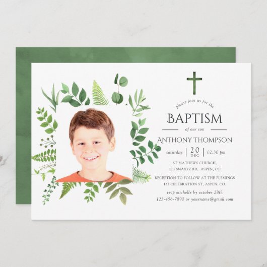 Invitation Aquarelle Forêt Végétation Baptême ou baptême (Devant / Derrière)