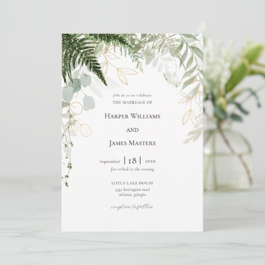 Invitation Aquarelle Forêt Verdure et Mariage d'or (Debout devant)