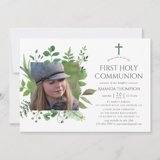 Invitation Aquarelle Forêt Verdure Première Communion sainte (Devant)