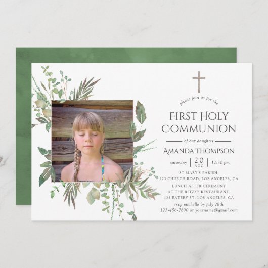 Invitation Aquarelle Forêt Verdure Première Communion sainte (Devant / Derrière)
