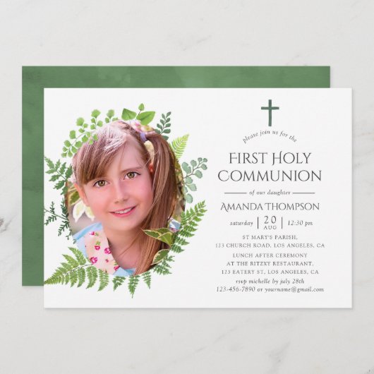 Invitation Aquarelle Forêt Verdure Première Communion sainte (Devant / Derrière)