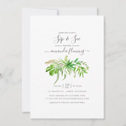 Invitation Aquarelle Forêt verdure Sip and See (Devant)