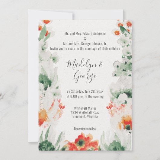 Invitation Aquarelle Forêt Vert, Orange, Mariage blanc (Devant)