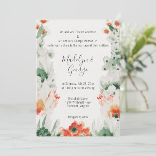 Invitation Aquarelle Forêt Vert, Orange, Mariage blanc (Debout devant)