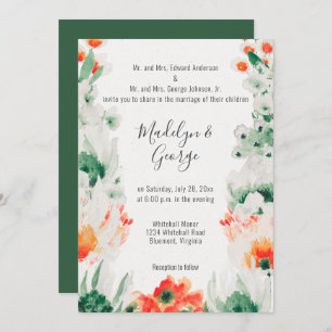 Invitation Aquarelle Forêt Vert, Orange, Mariage blanc