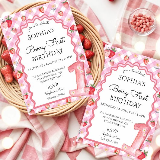 Invitation Aquarelle fraise 1er anniversaire