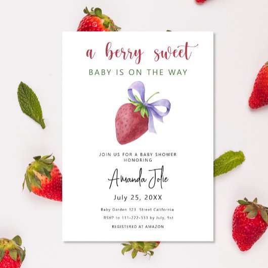 Invitation Aquarelle fraise avec Baby shower arc